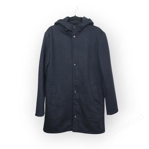 Large Zara Man Duffel Overcoat Navy Blue Poly-Cotton Weave Zip Snap Hood - Picture 10 of 14